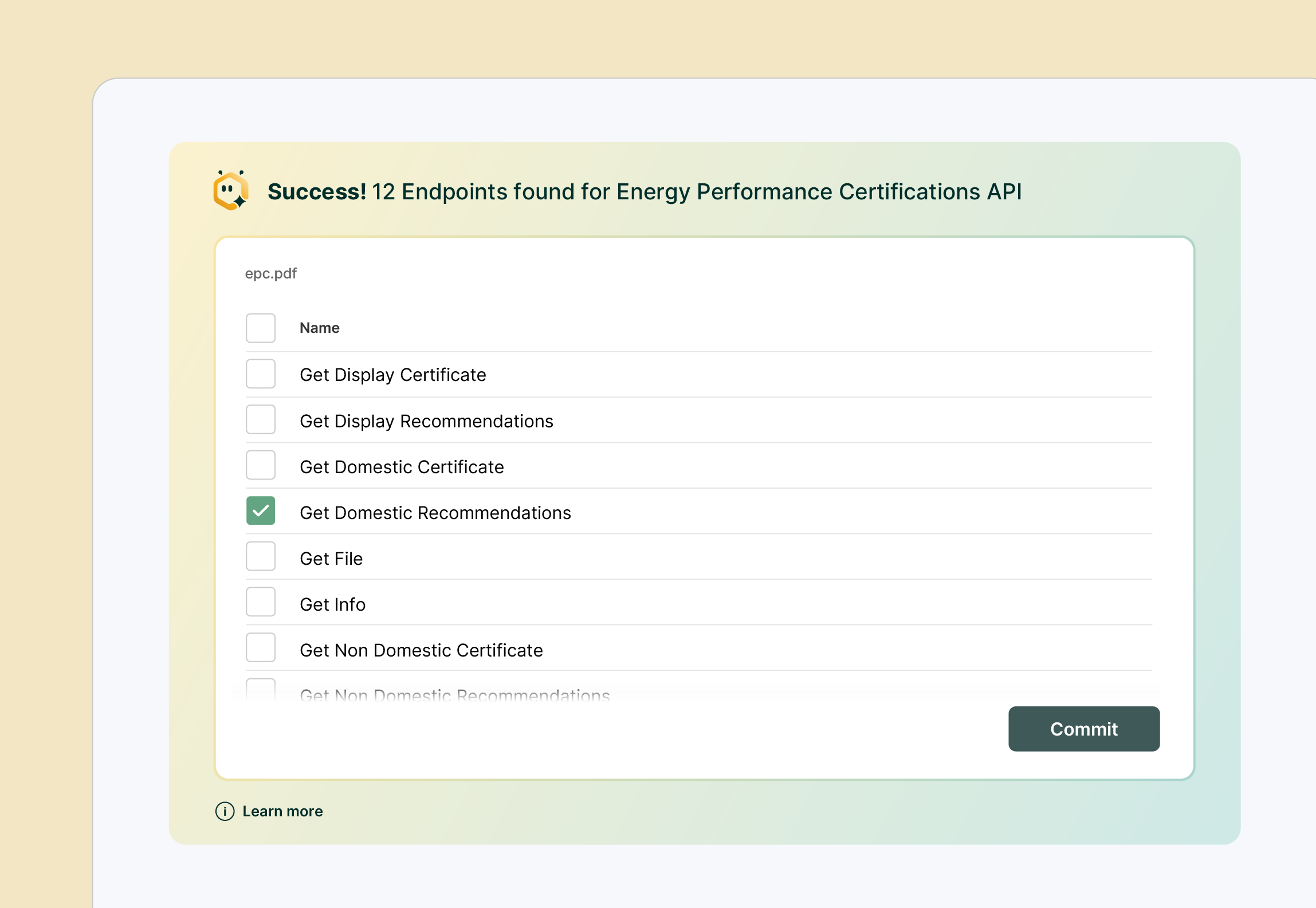 User interface showing 12 endpoints found for Energy Performance Certifications API with a checklist including options like Get Display Certificate and Get Domestic Recommendations, the latter being selected.
