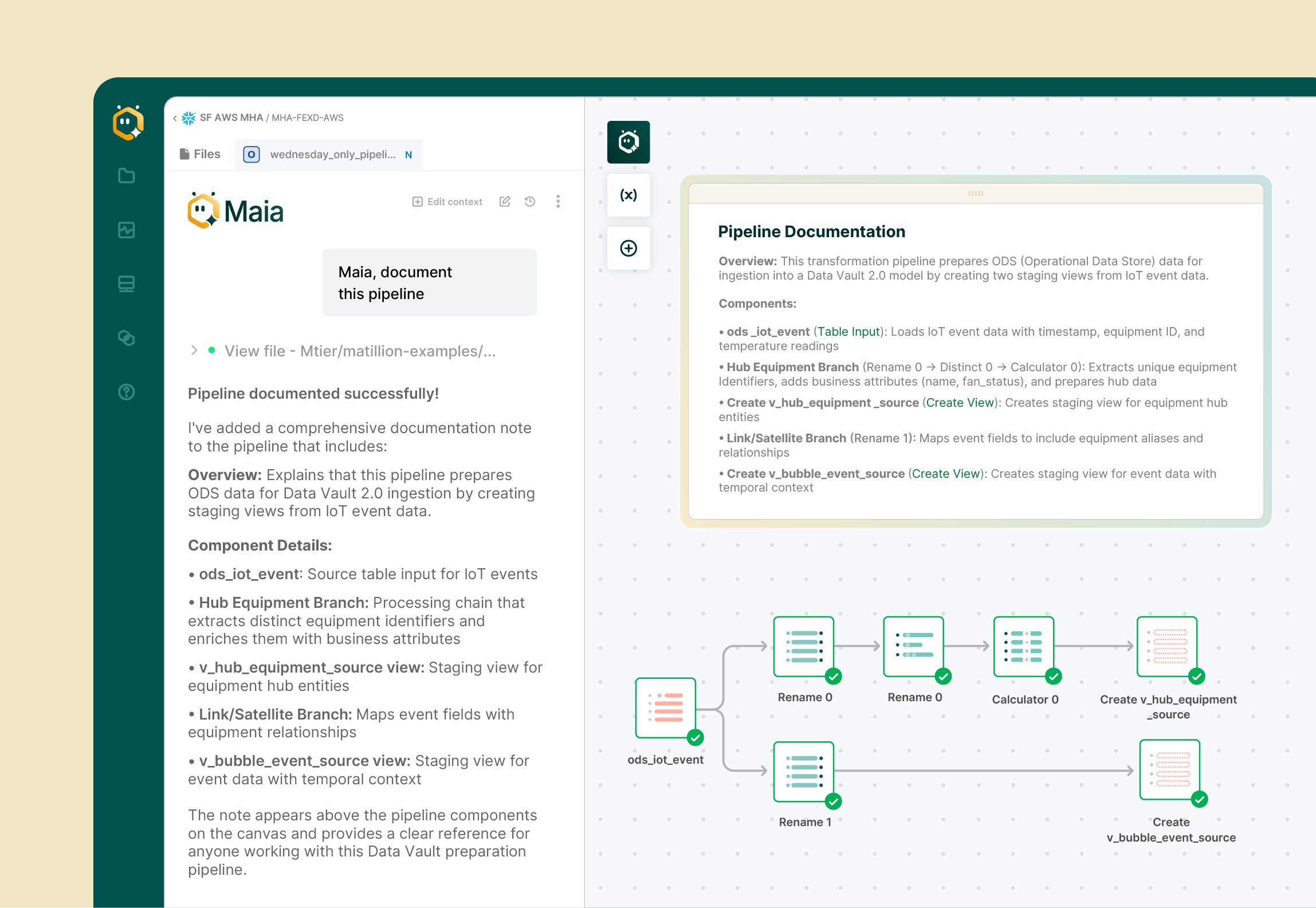Screenshot of Maia interface showing a documented Data Vault 2.0 pipeline with an overview, component details, and a visual pipeline flow of IoT event data processing steps including Rename, Calculator, and Create views.