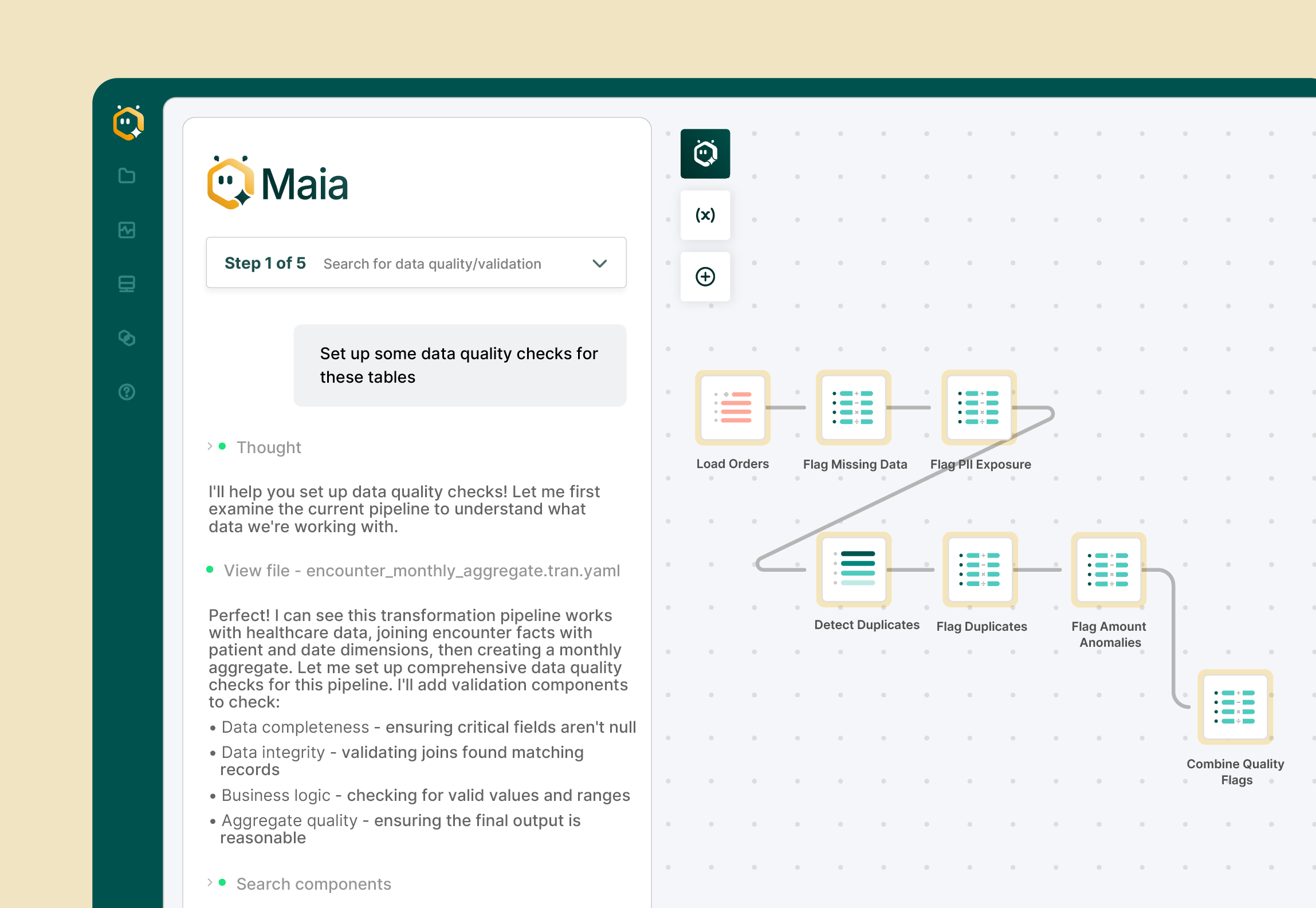 User interface of Maia app showing a data quality setup with a flowchart of steps including Load Orders, Flag Missing Data, Detect Duplicates, Flag Duplicates, Flag Amount Anomalies, and Combine Quality Flags.