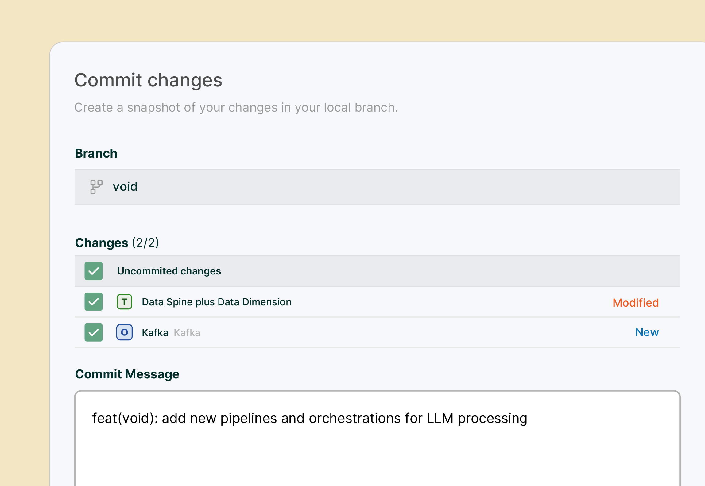 Git commit changes interface showing branch named 'void' with two changes: modified 'Data Spine plus Data Dimension' and new 'Kafka'. Commit message reads 'feat(void): add new pipelines and orchestrations for LLM processing'.
