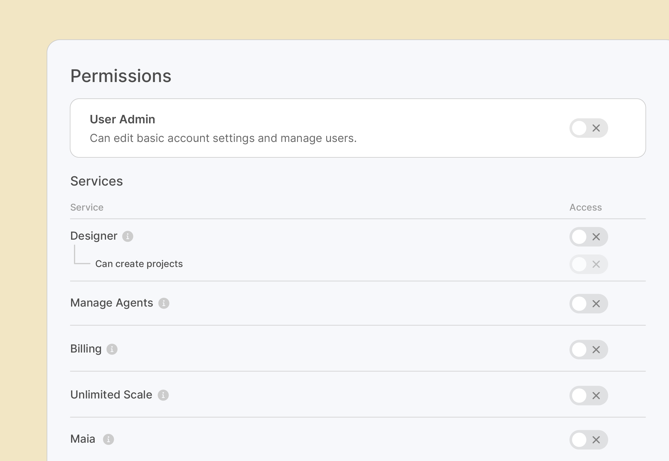 Permissions settings panel showing User Admin role with toggle off, and a list of services including Designer with 'Can create projects' permission, Manage Agents, Billing, Unlimited Scale, and Maia, all with toggles off.