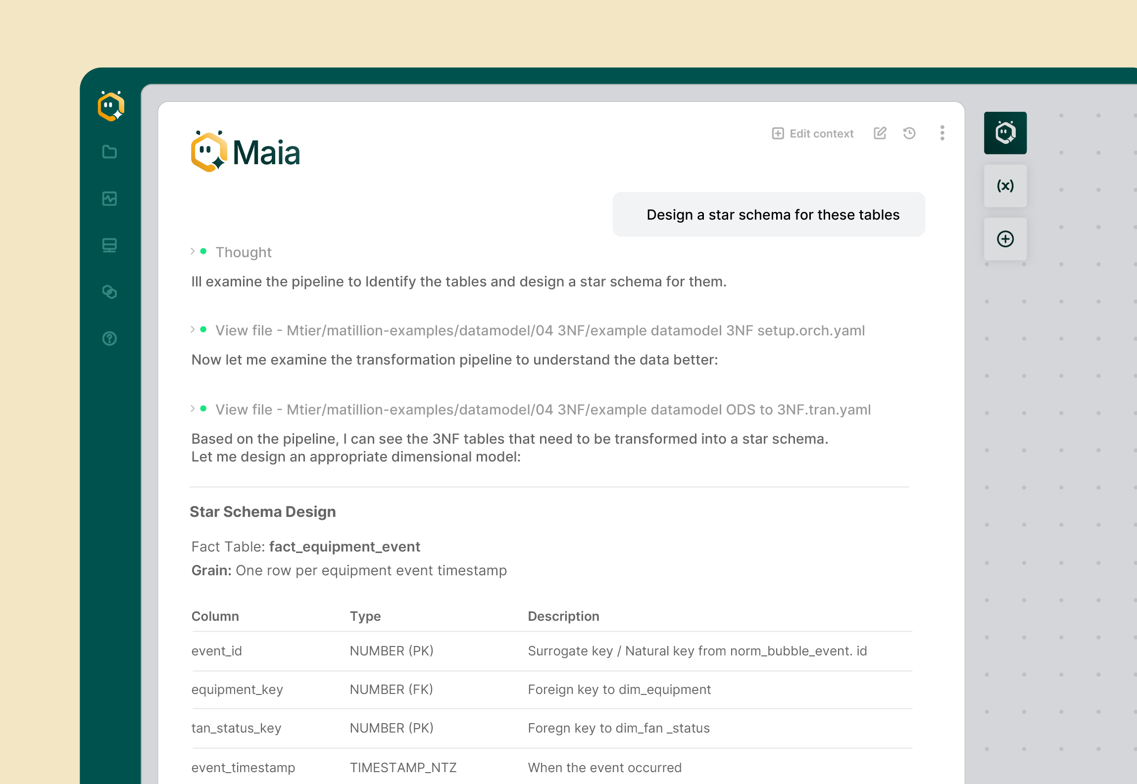 Screenshot of Maia software interface showing a conversation about designing a star schema for tables, with a fact table named fact_equipment_event detailing columns event_id, equipment_key, tan_status_key, and event_timestamp along with their types and descriptions.