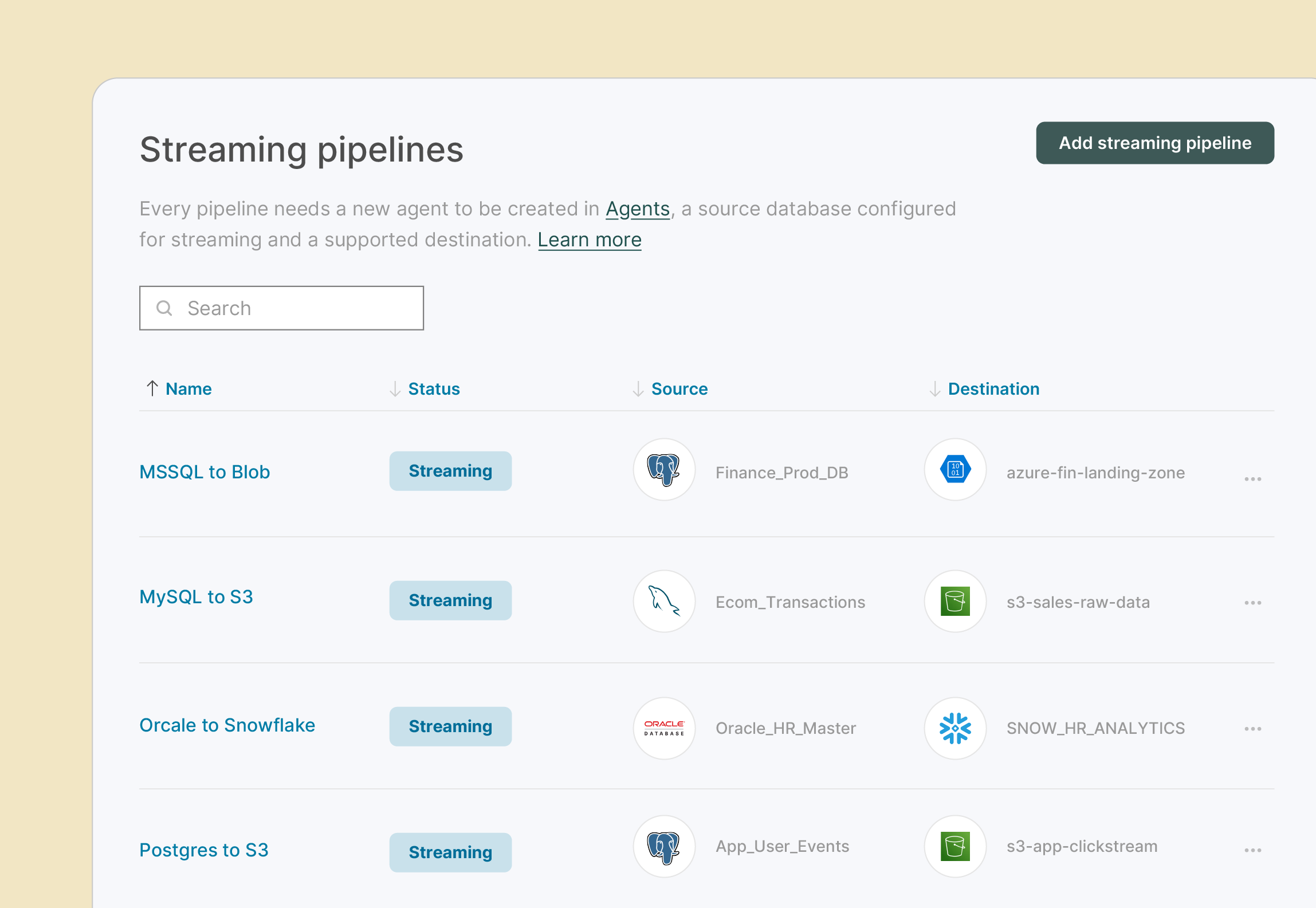 User interface showing a list of streaming pipelines with names, status as streaming, source databases, and destination storage services.
