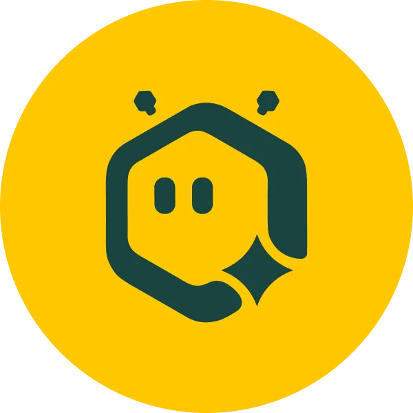 Black stylized bee logo with geometric wings inside a yellow circle background.