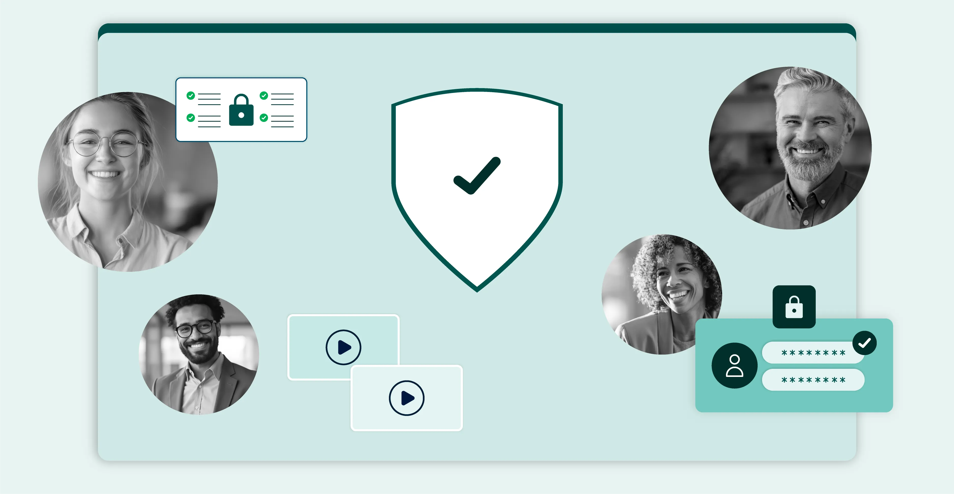 Smiling diverse people around shield with checkmark and icons of locked checklist and password fields.