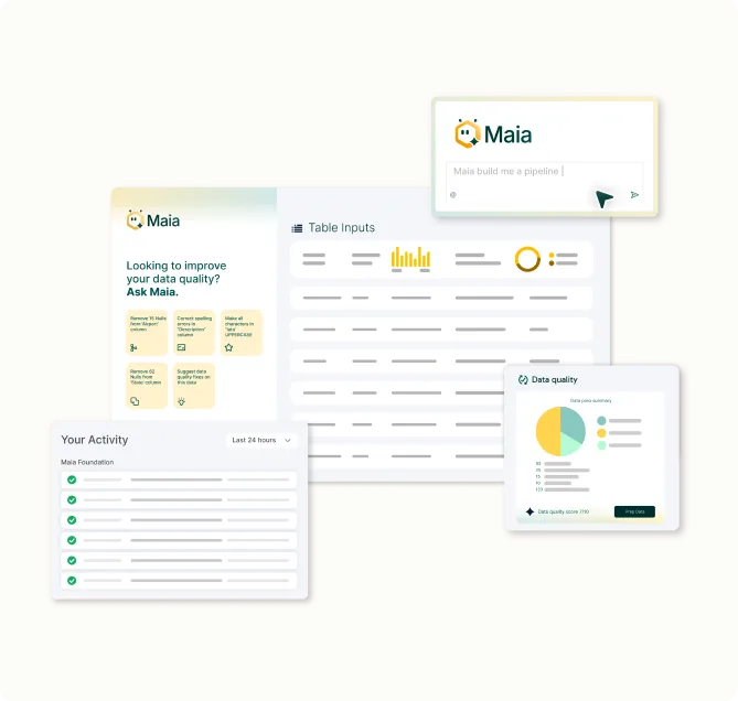 Dashboard displays Maia AI assistant, data table inputs, user activity, and a data quality pie chart summary.