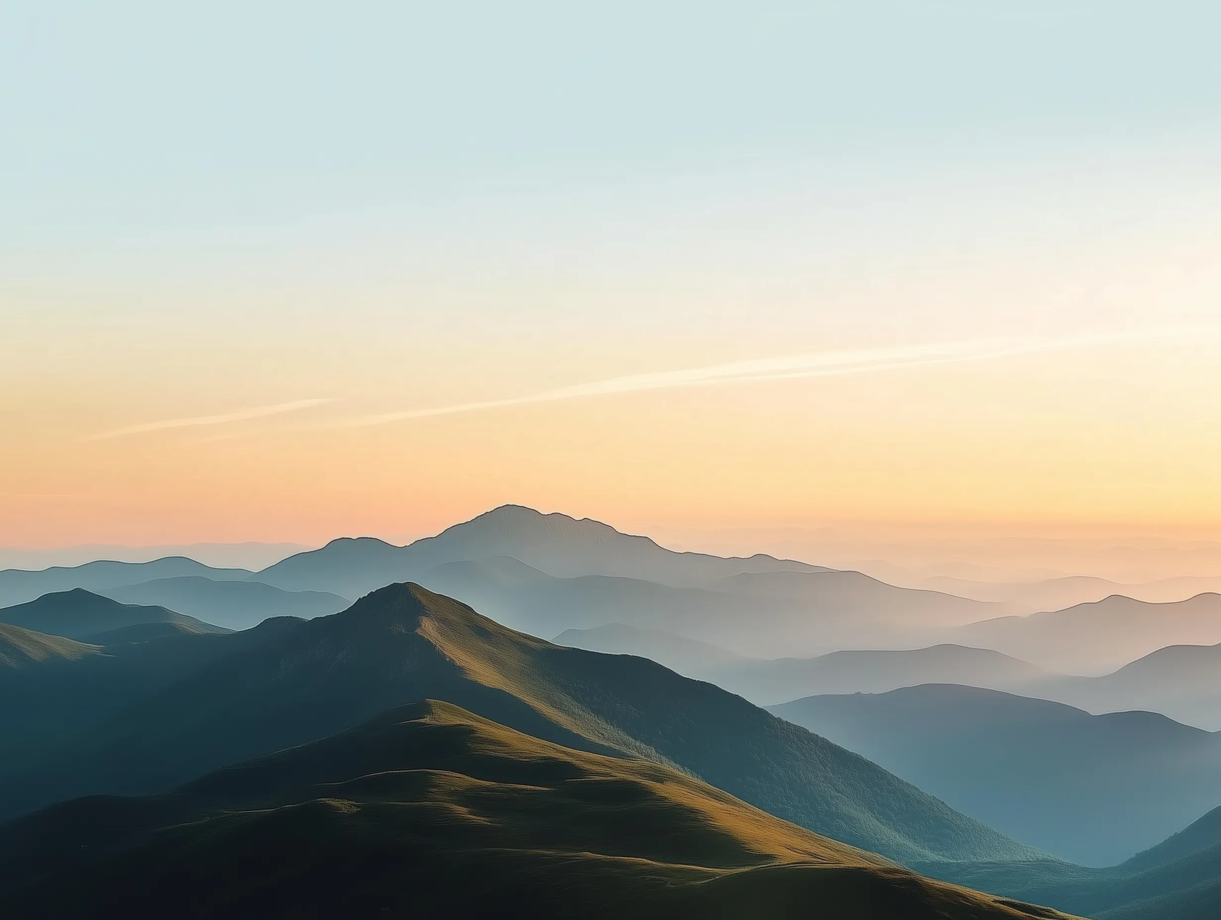 Layered mountain ridges fading into the distance at sunrise with a clear sky above.