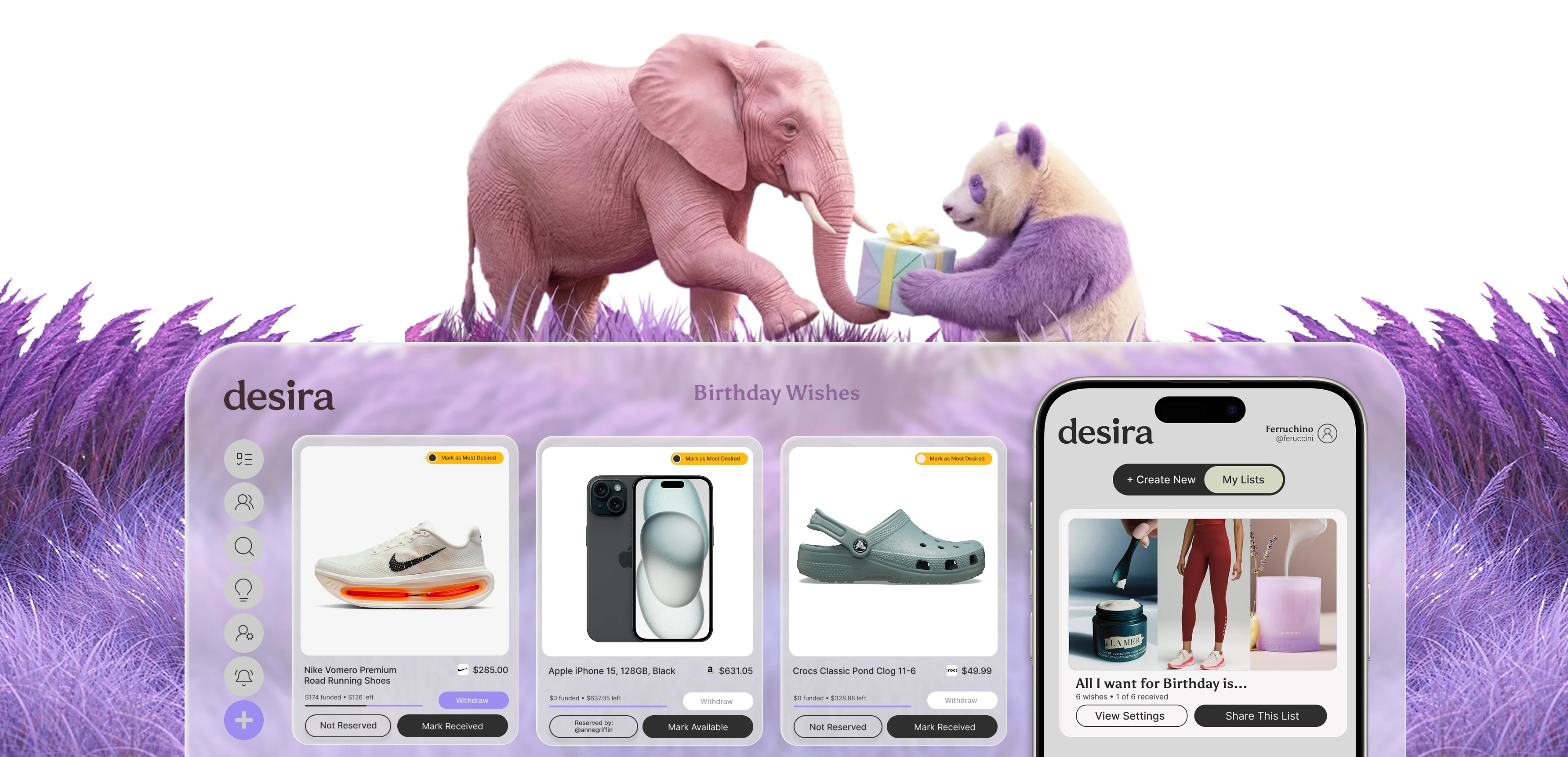 Desira wishlist app with reserve, chip-in, and no guest sign-up