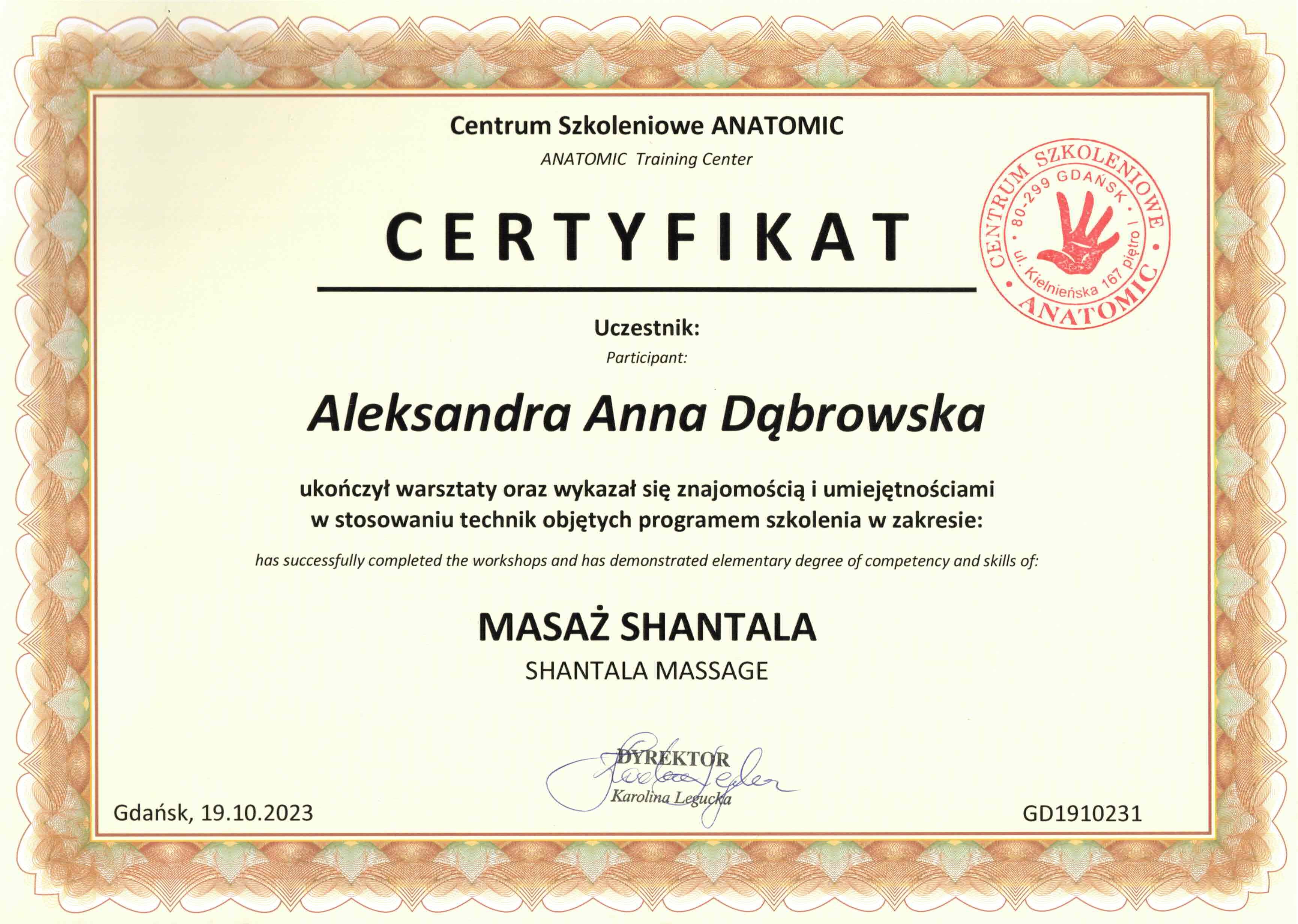 Certyfikat Aleksandra Dąbrowska