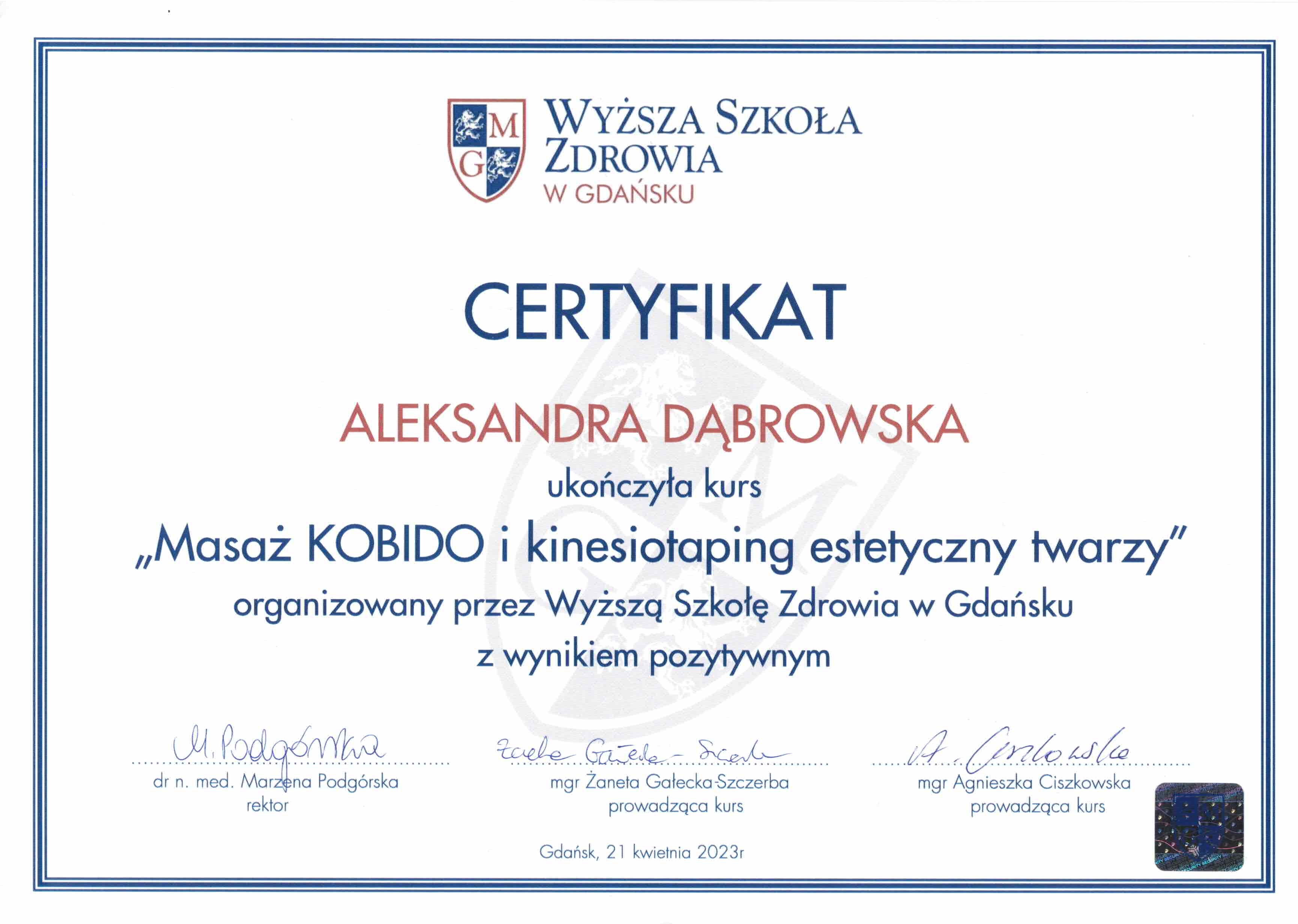 Certyfikat Aleksandra Dąbrowska