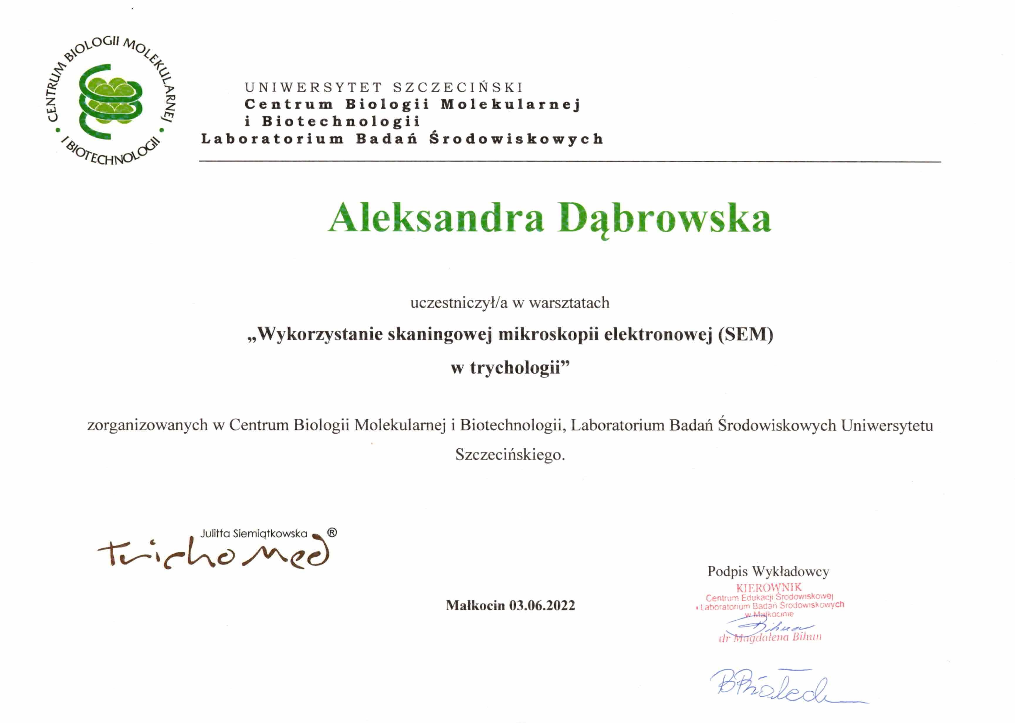 Certyfikat Aleksandra Dąbrowska