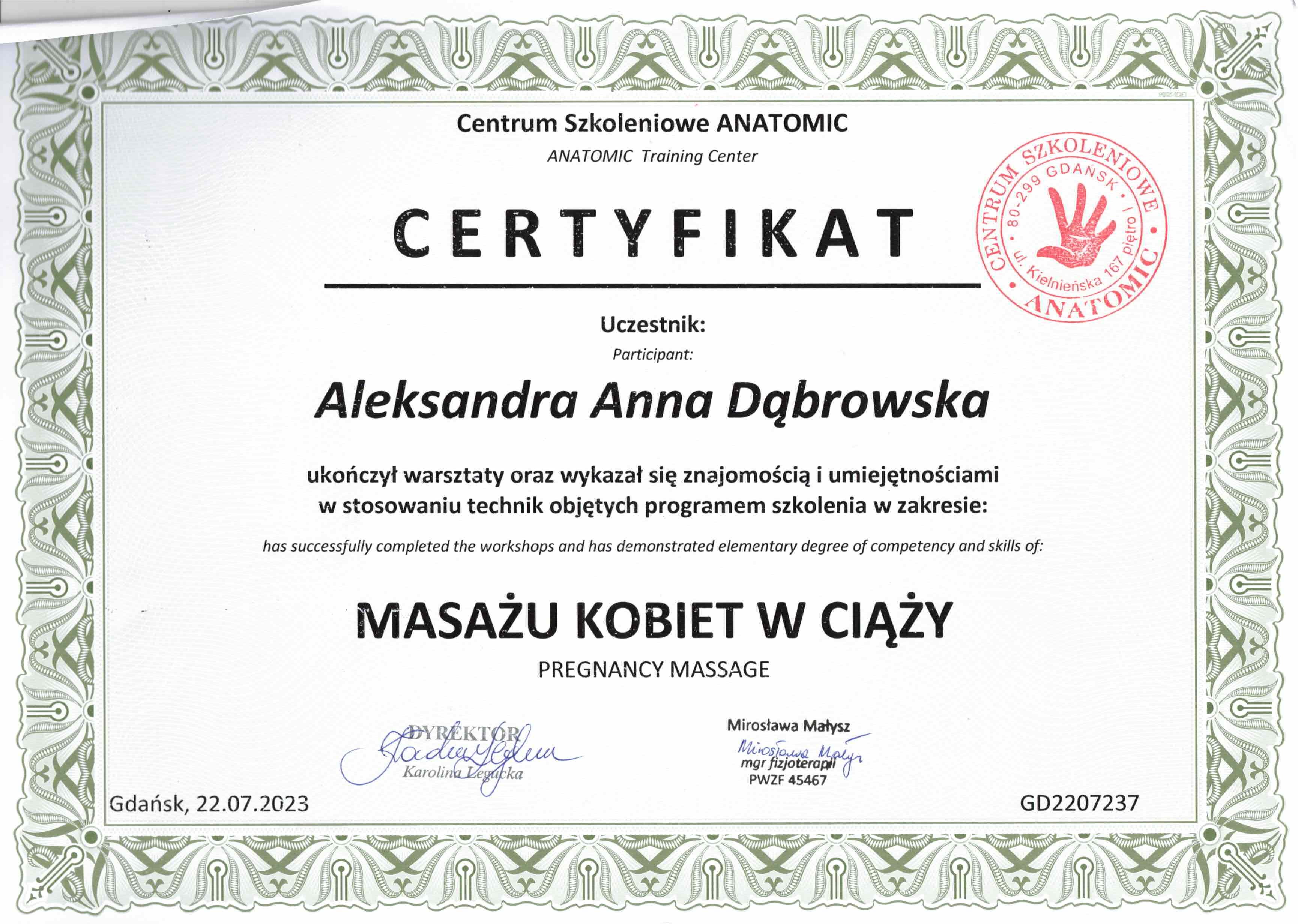 Certyfikat Aleksandra Dąbrowska