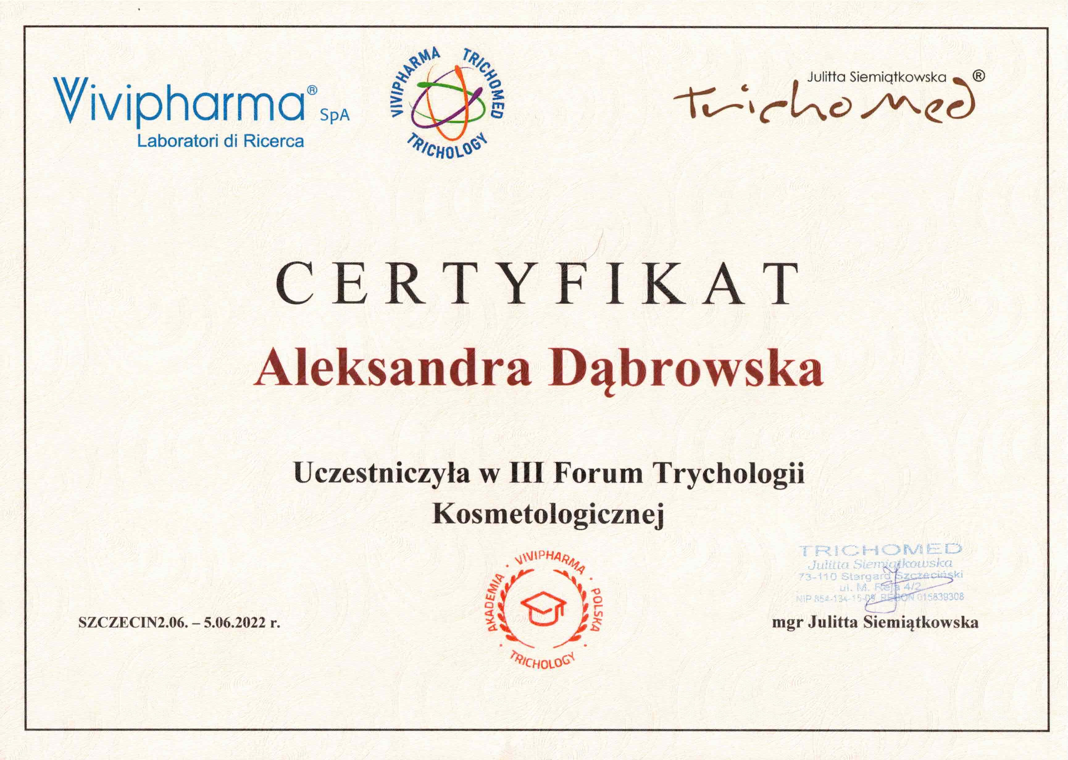 Certyfikat Aleksandra Dąbrowska
