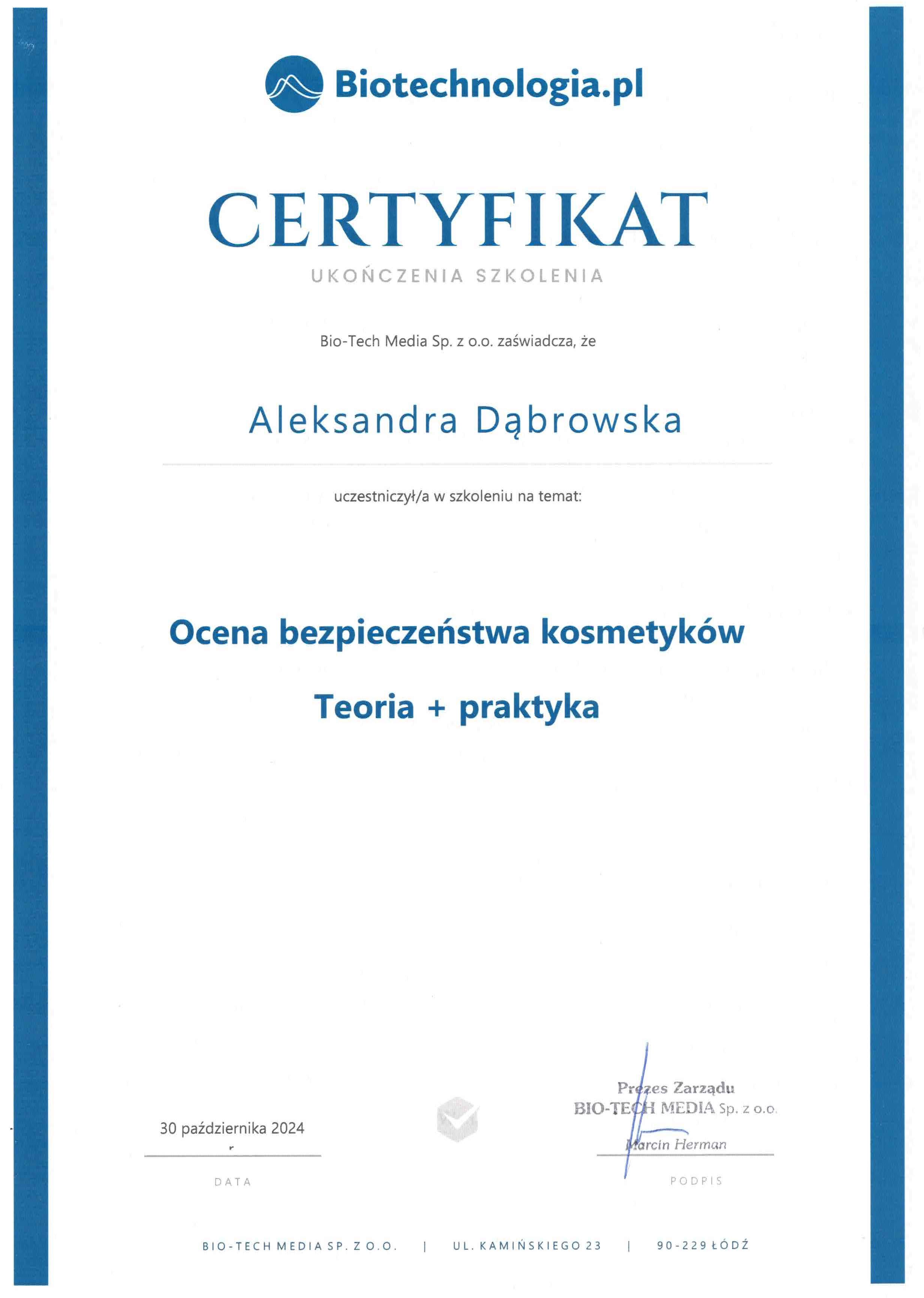 Certyfikat Aleksandra Dąbrowska