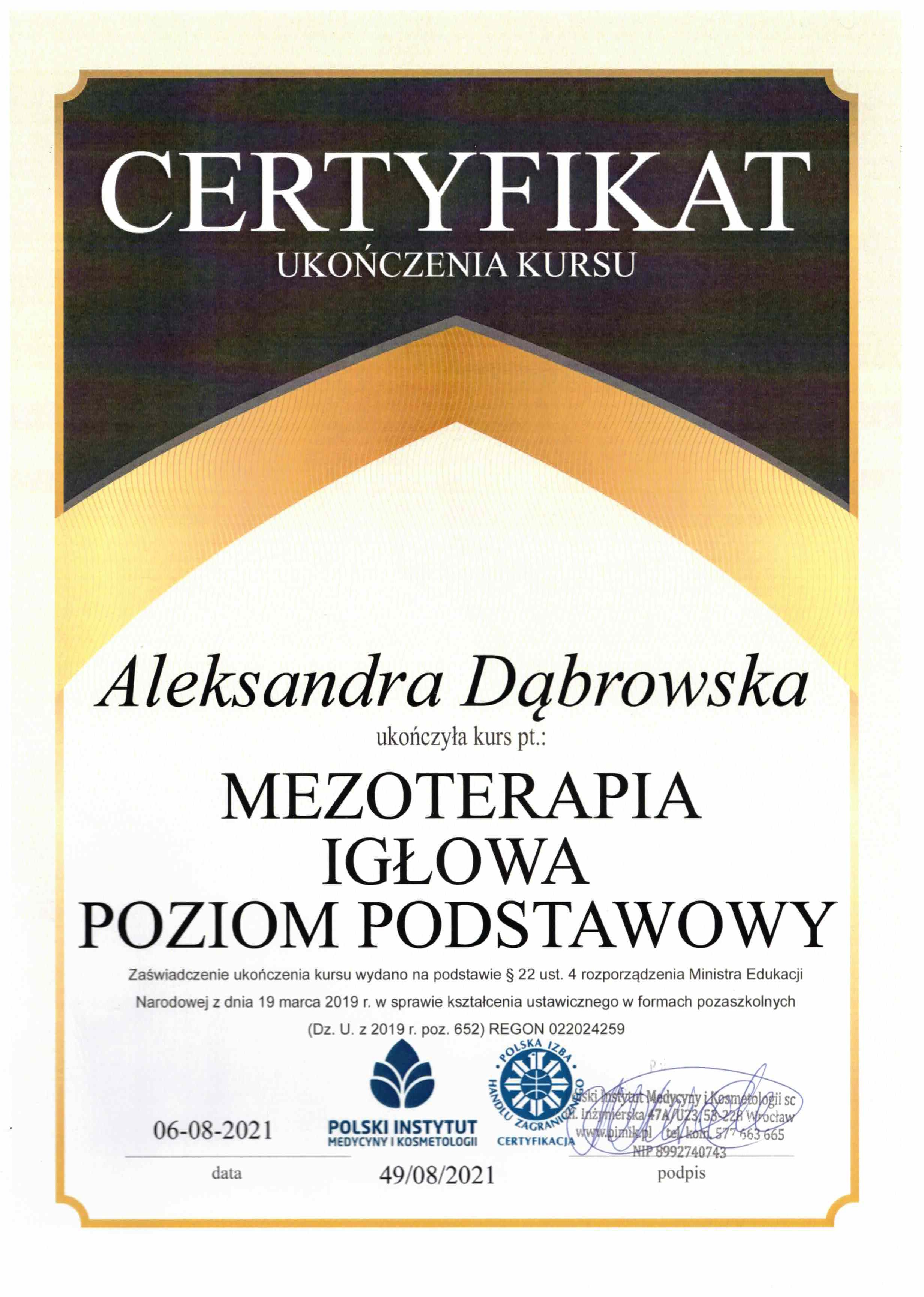 Certyfikat Aleksandra Dąbrowska