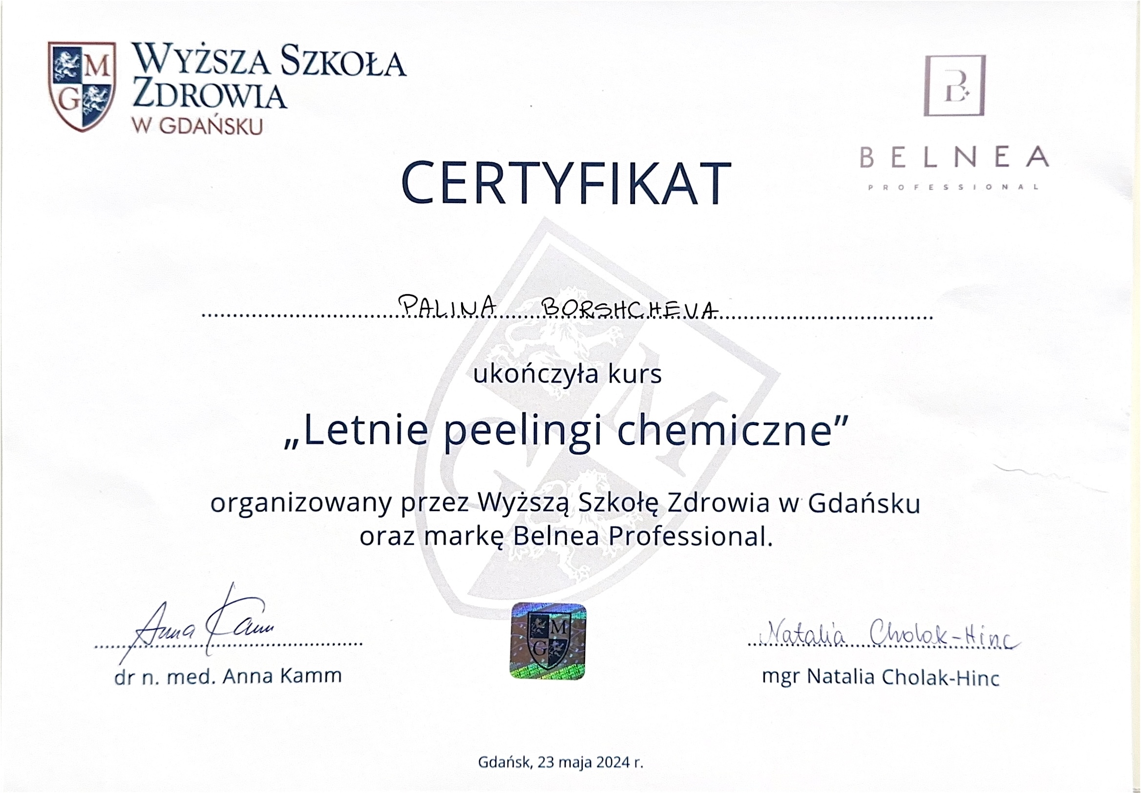 Certyfikat Palina Borshcheva