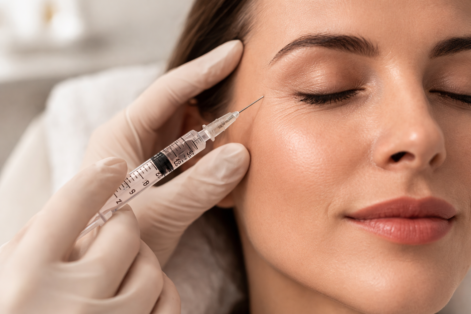 Zbliżenie na twarz kobiety podczas zabiegu botoksu w okolicy kurze łapki.