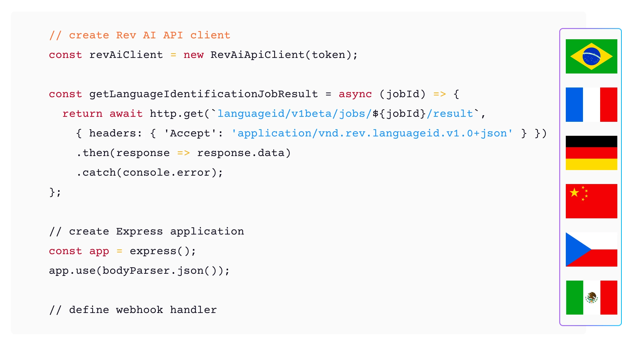 Code snippet showing creation of Rev AI API client and an Express app with language flags.