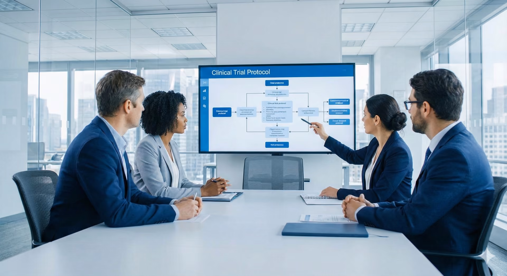 Four IRB members in a modern office discussing Clinical Strategy Development with clinical trial protocol displayed on a large screen.