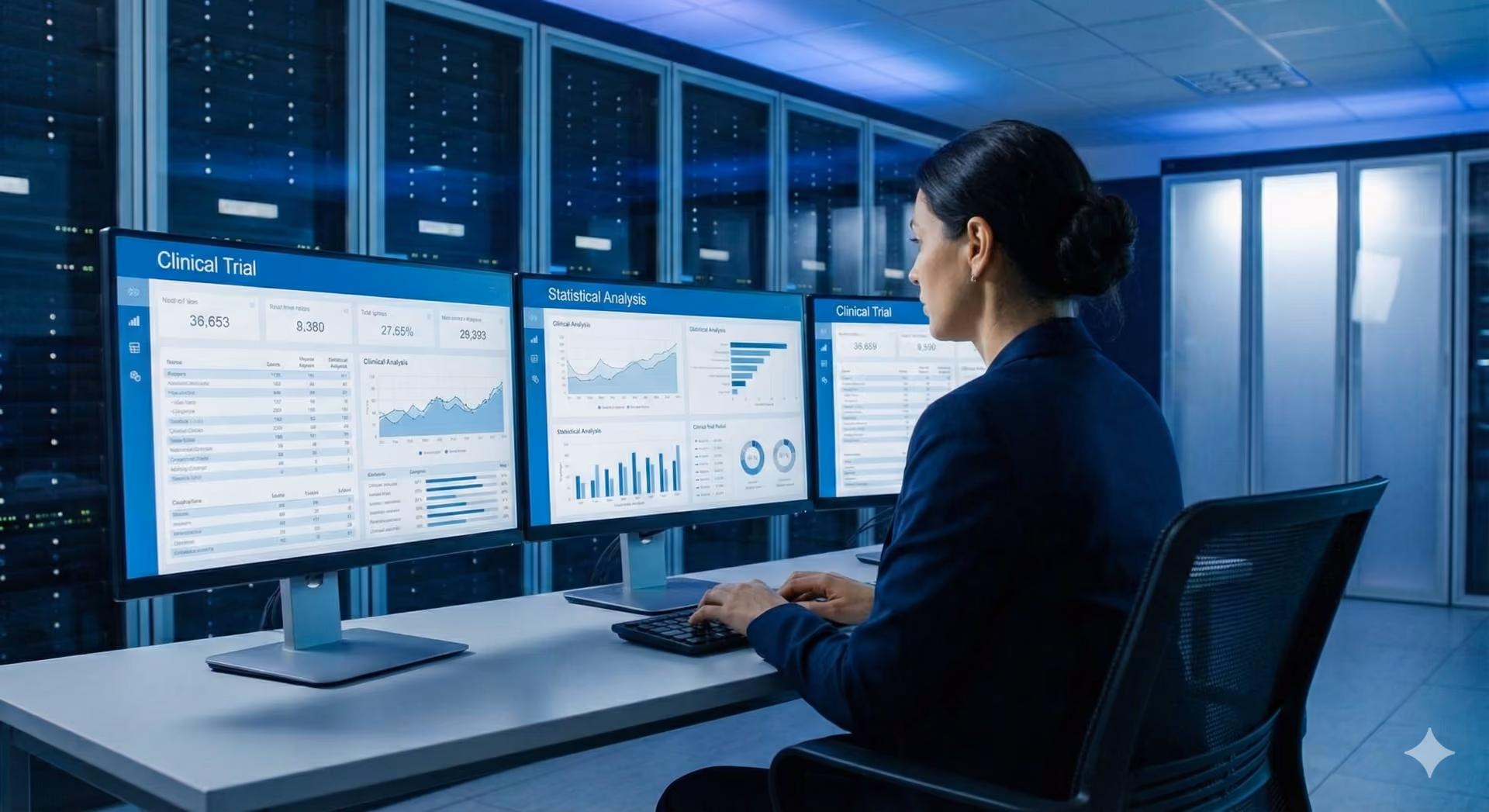 Clinical Data Specialist seated at a desk, analyzing clinical trial and statistical data on three computer monitors in a server room.