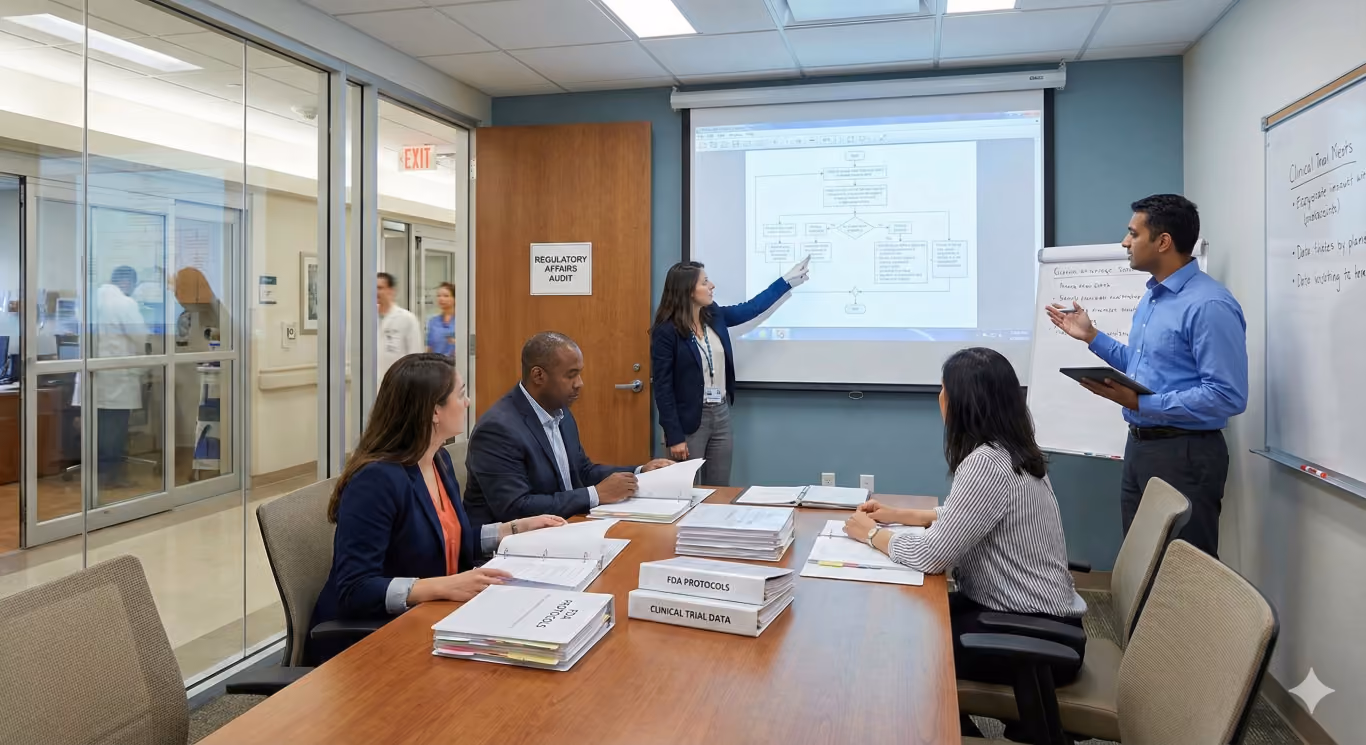 Four clinical trial professionals seated and standing around a conference table with binders labeled FDA Protocols and Clinical Trial Data, while two present Regulatory Affairs information using a projector and whiteboards.