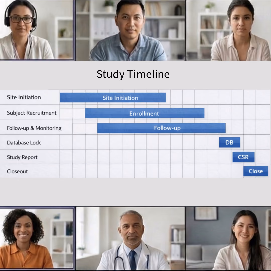 Virtual meeting with clinical Research Associates and medical doctors surrounding a clinical study timeline chart showing phases: Site Initiation, Enrollment, Follow-up, Database Lock, Study Report, and Closeout.