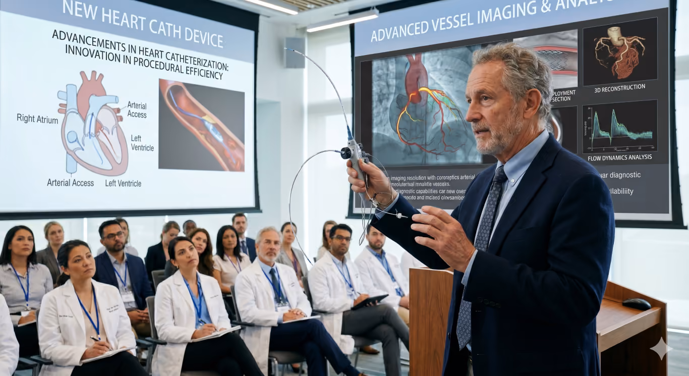 Doctor presenting new heart catheter device to medical professionals in a clinical seminar.