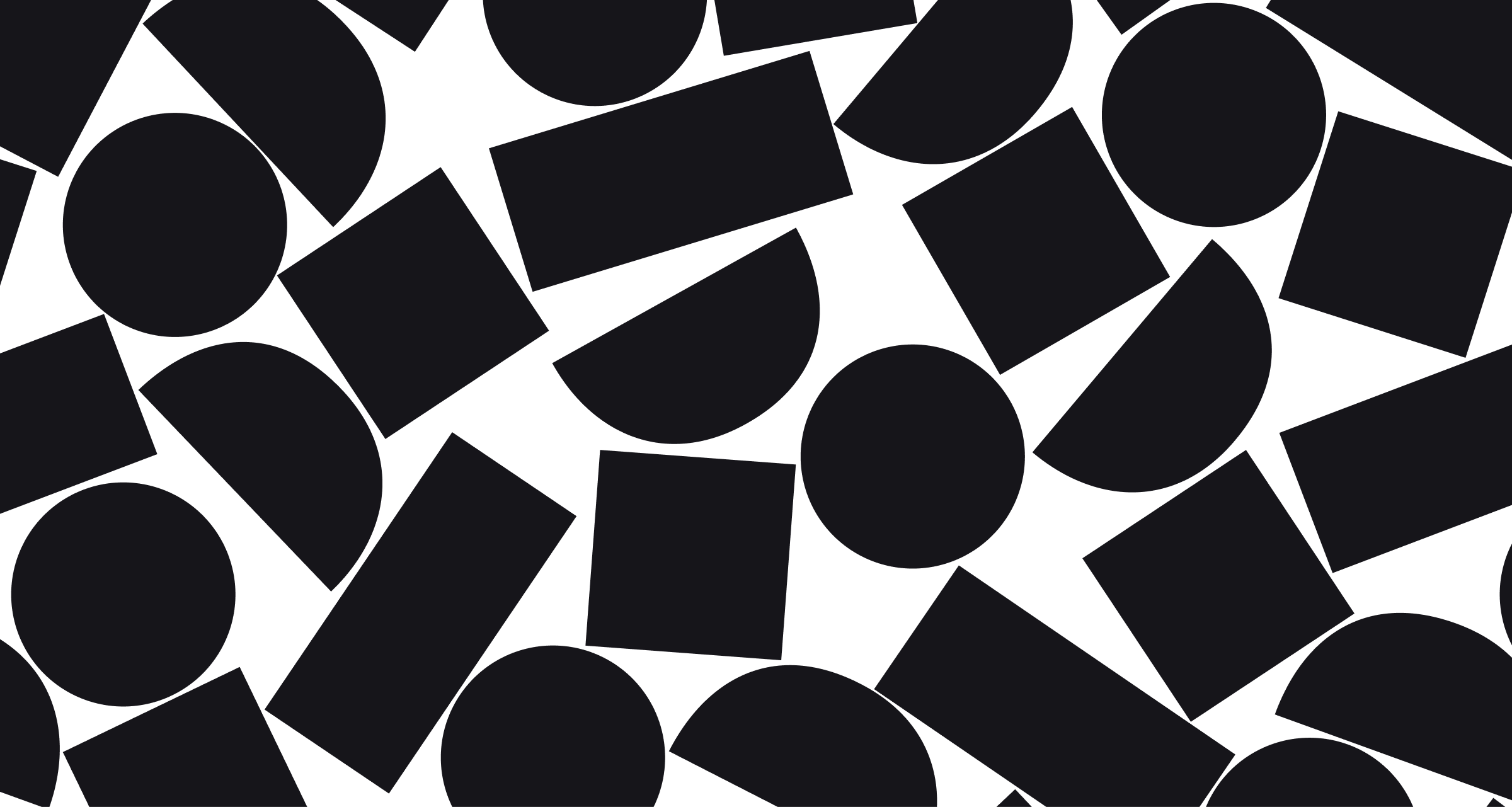 Pattern of overlapping black geometric shapes including circles, squares, rectangles, and semicircles on a dark background.