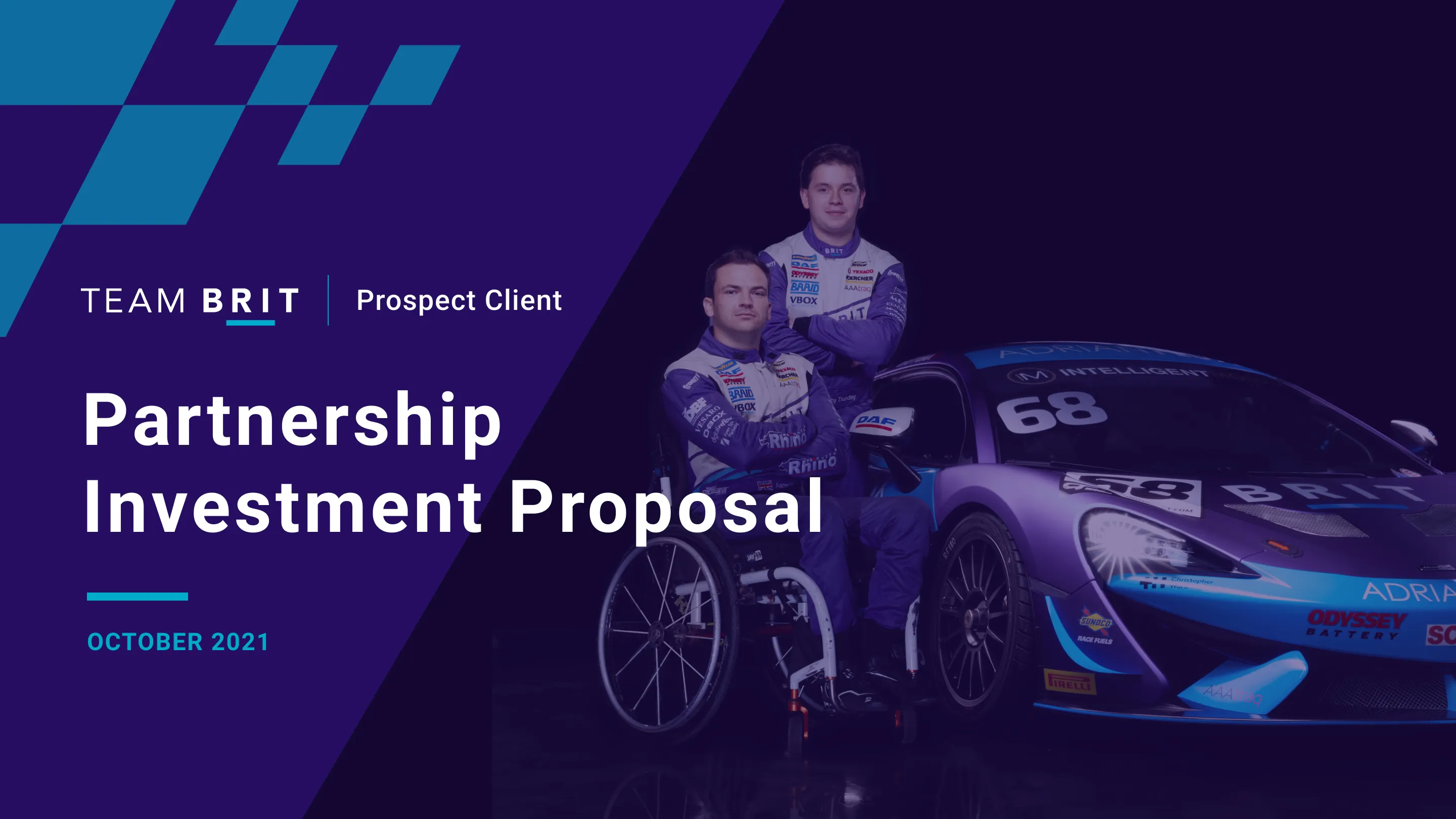 Team BRIT Partnership Investment Proposal cover with two racers in suits, one in a wheelchair, standing next to a purple racing car numbered 68.