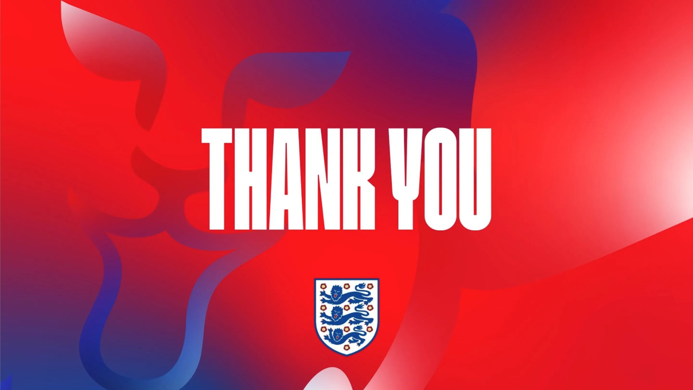 Bold white text saying 'THANK YOU' over a red and blue background with a faint lion design and the England football crest below.