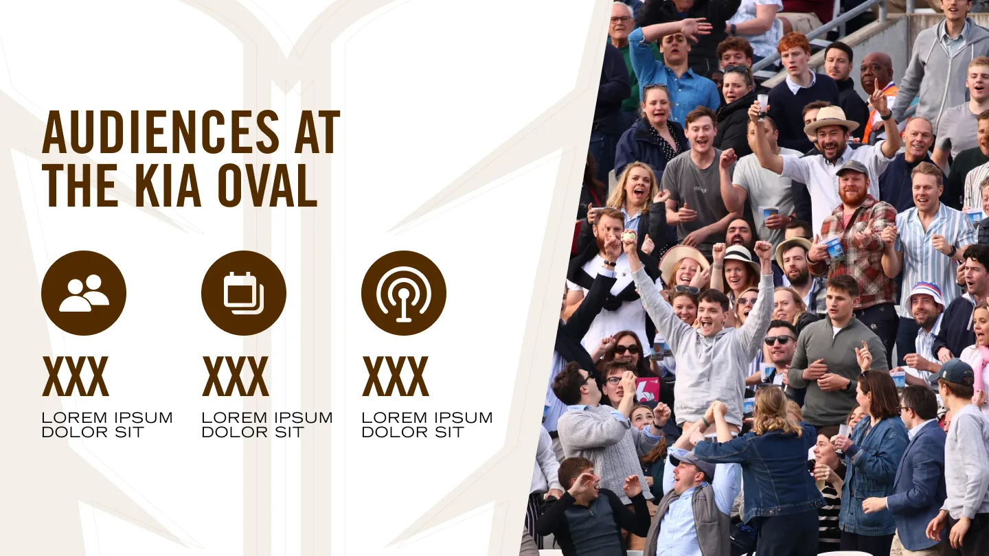 Happy crowd cheering and celebrating at a stadium event, labeled 'Audiences at the Kia Oval' with placeholder text and icons for attendance statistics.