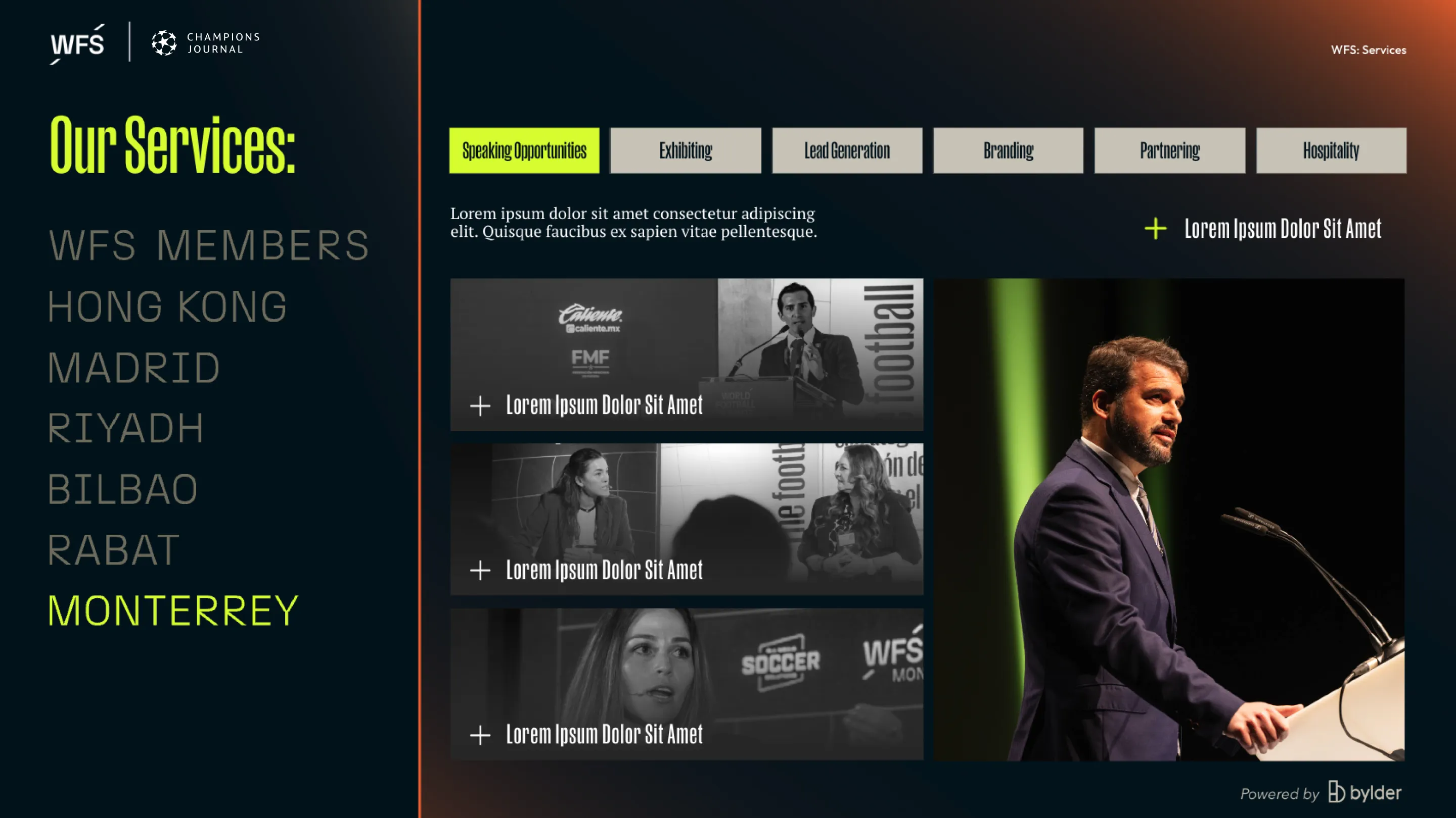 World Football Summit, slide with tabs about their services