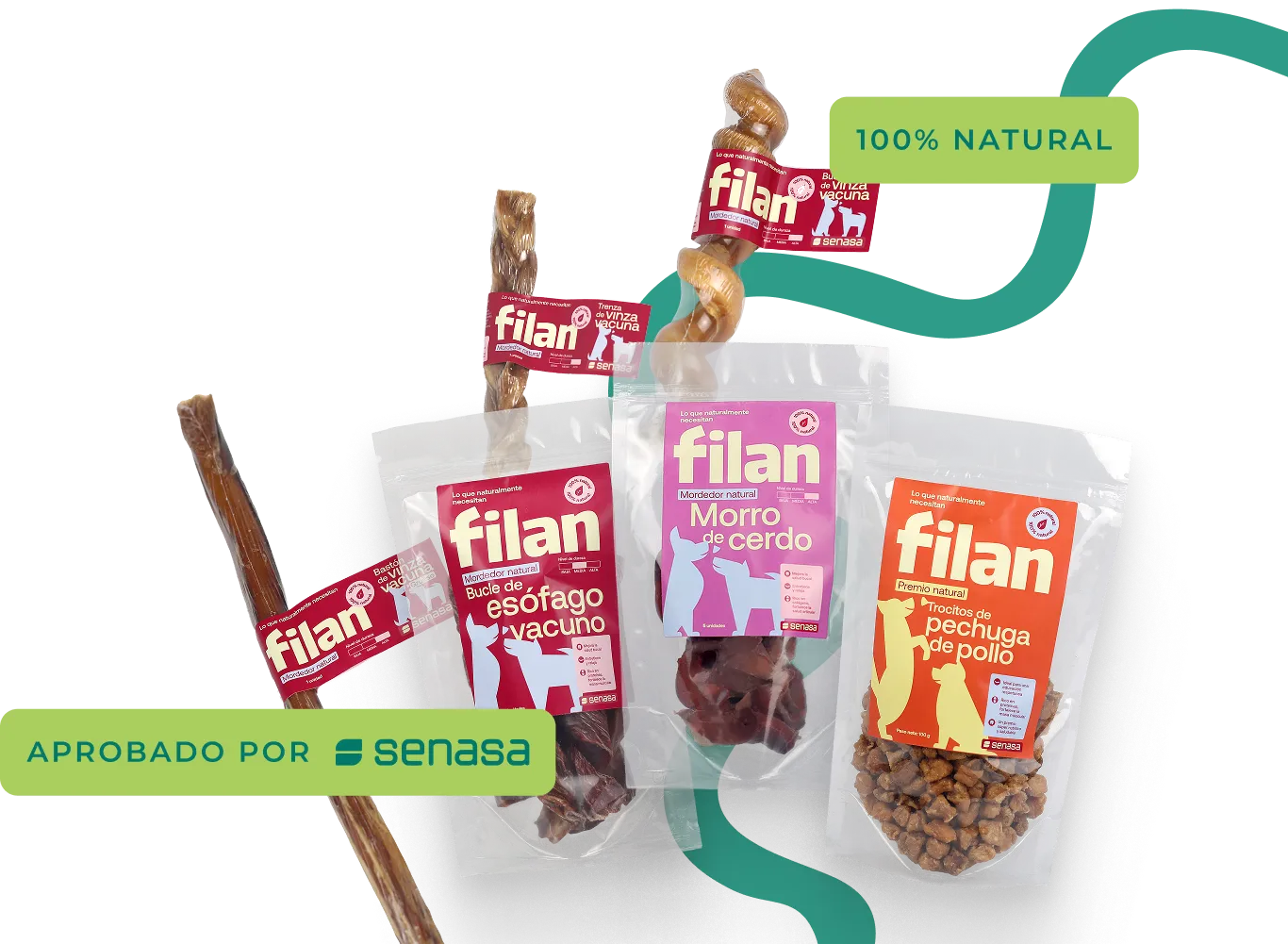 Cuatro paquetes y productos filan naturales para perros: bucle de esófago de vacuno, morro de cerdo y trocitos de pechuga de pollo, aprobados por senasa.