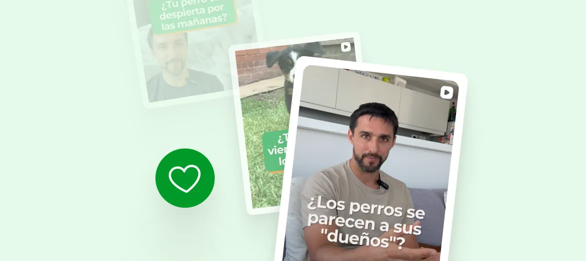 Hombre sentado en un sofá con texto en español que dice: ¿Los perros se parecen a sus "dueños"?, con imágenes borrosas de videos de un perro y otro hombre detrás.