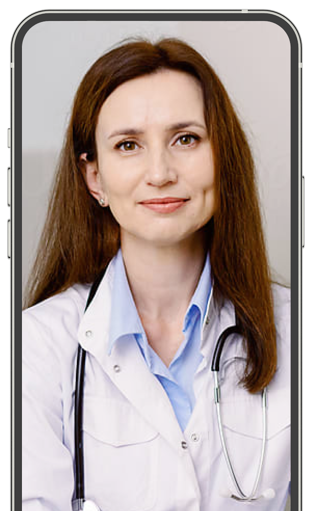 Female doctor with long brown hair wearing a white coat and a stethoscope.