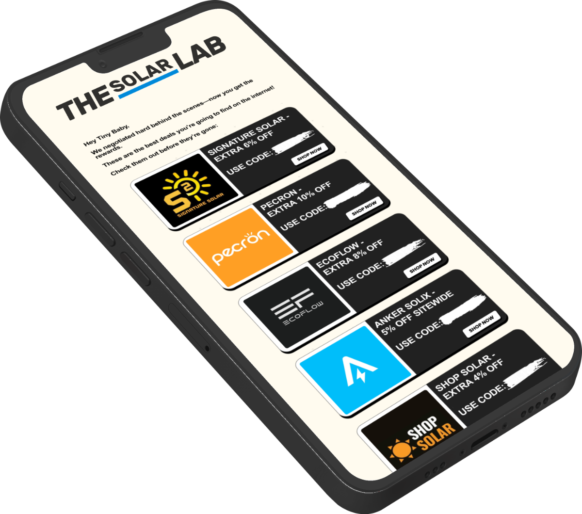 Phone mockup of the SolarLab newsletter