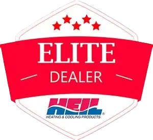 Elite Dealer badge with five red stars above the text and Heil Heating & Cooling Products logo below.