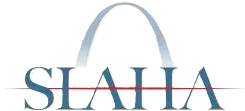 Logo with the word SLAHA in blue uppercase letters crossed by a thin red horizontal line and a gray arch above.