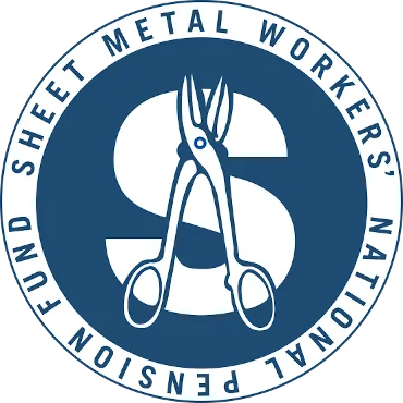 Logo with blue circle containing white letter S and an image of metal shears in the center, surrounded by text reading Sheet Metal Workers' National Pension Fund.