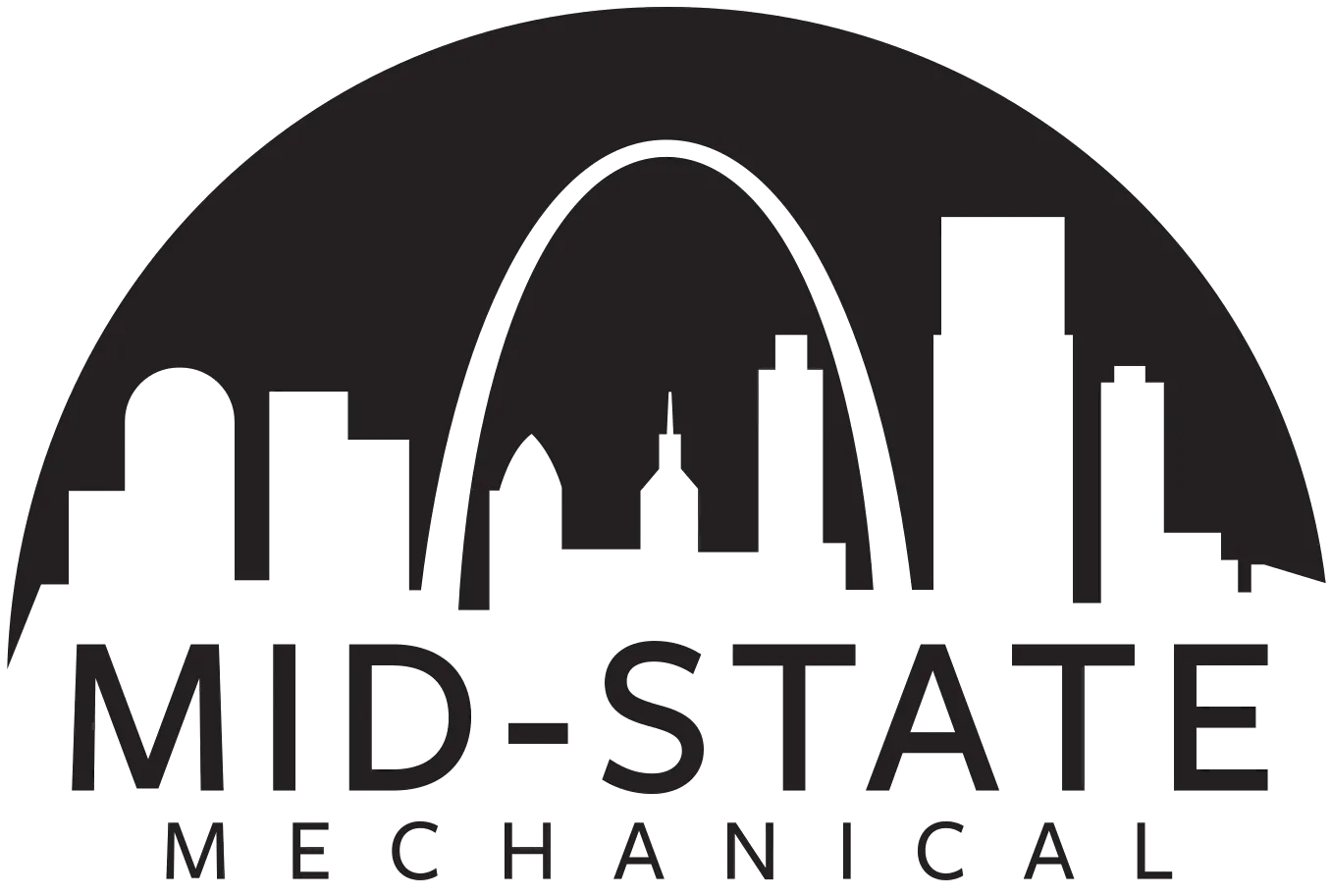 Silhouette of a city skyline with the Gateway Arch and the text Mid-State Mechanical below it.