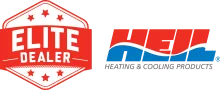 Heil Elite Dealer badge next to the Heil Heating and Air Conditioning company logo.