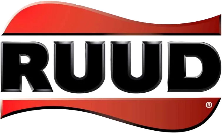 RUUD brand logo with black uppercase letters and curved red shapes above and below the text.
