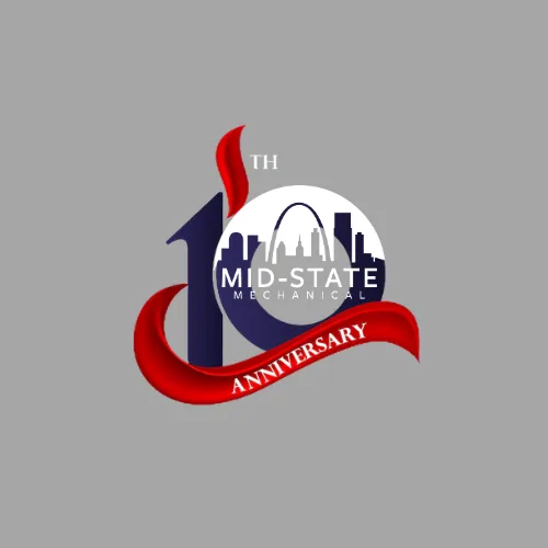 Logo with a dark blue number 16, a red ribbon with the word ANNIVERSARY, and a white circle featuring a city skyline and the text MID-STATE MECHANICAL.