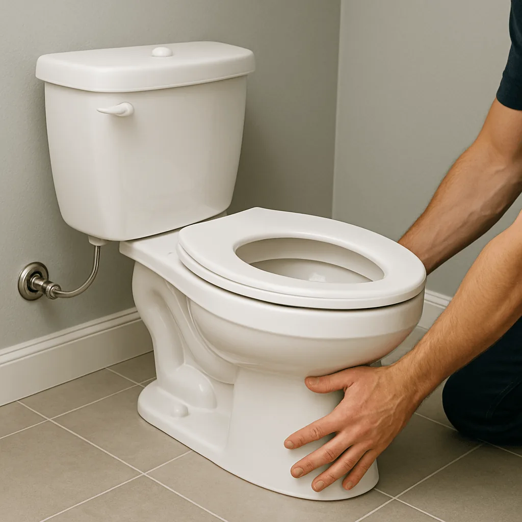 Person installing or adjusting a white ceramic toilet on a tiled bathroom floor.