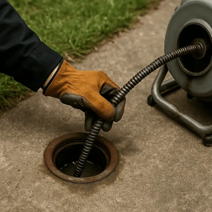 Person wearing brown and black gloves inserting a flexible metal drain cleaning snake into an outdoor drain.