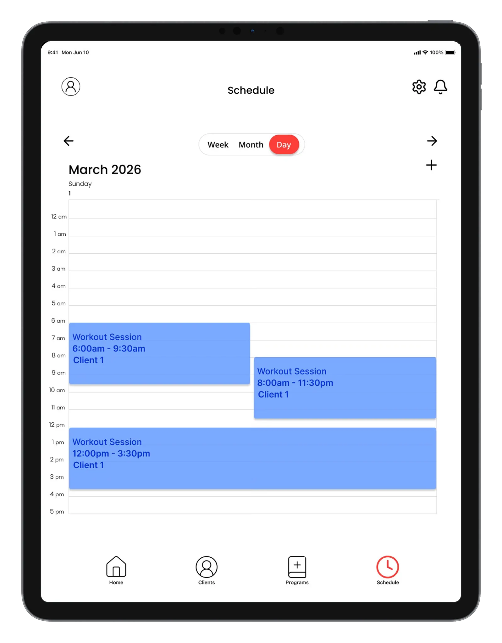 App interface scheduler screen with monthly, weekly and daily view.