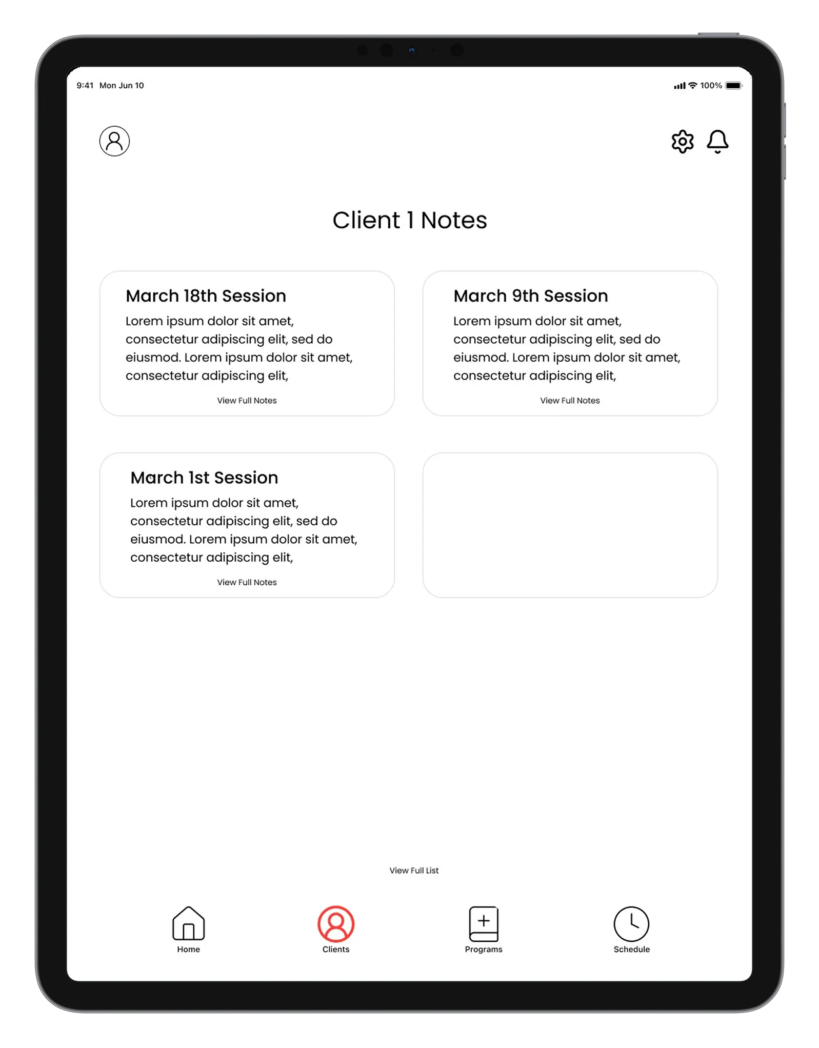 App interface session notes screen.