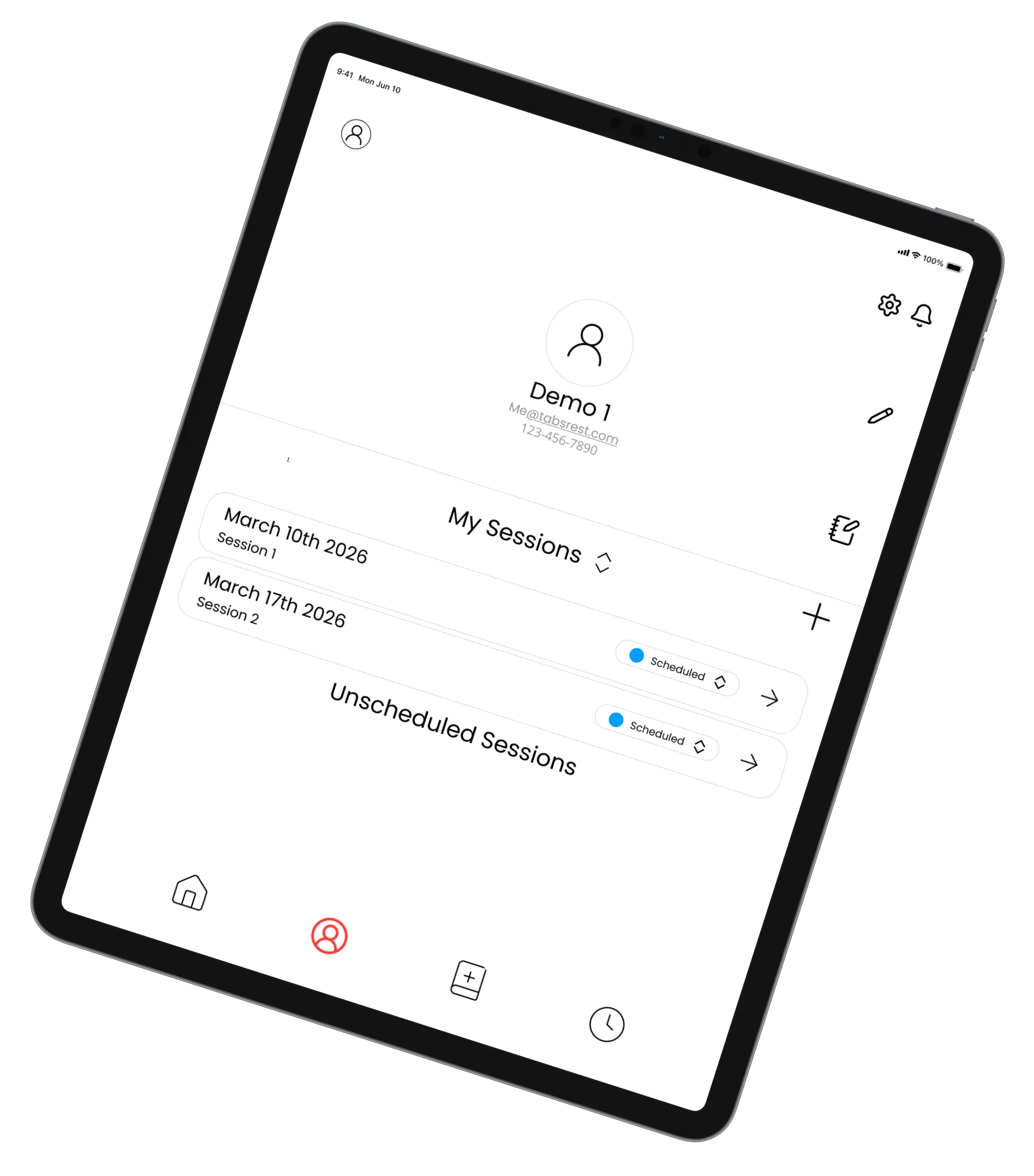 Client sessions app screen.