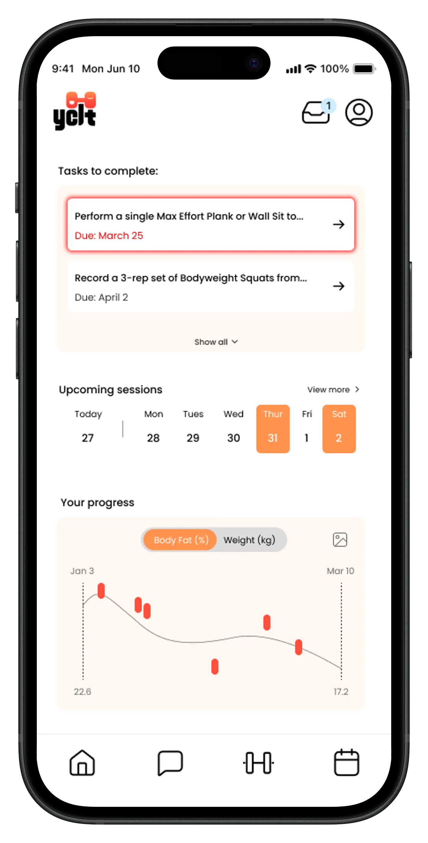 App interface screen of client-facing dashboard, showing to-dos, a weekly calendar, and a progress chart.