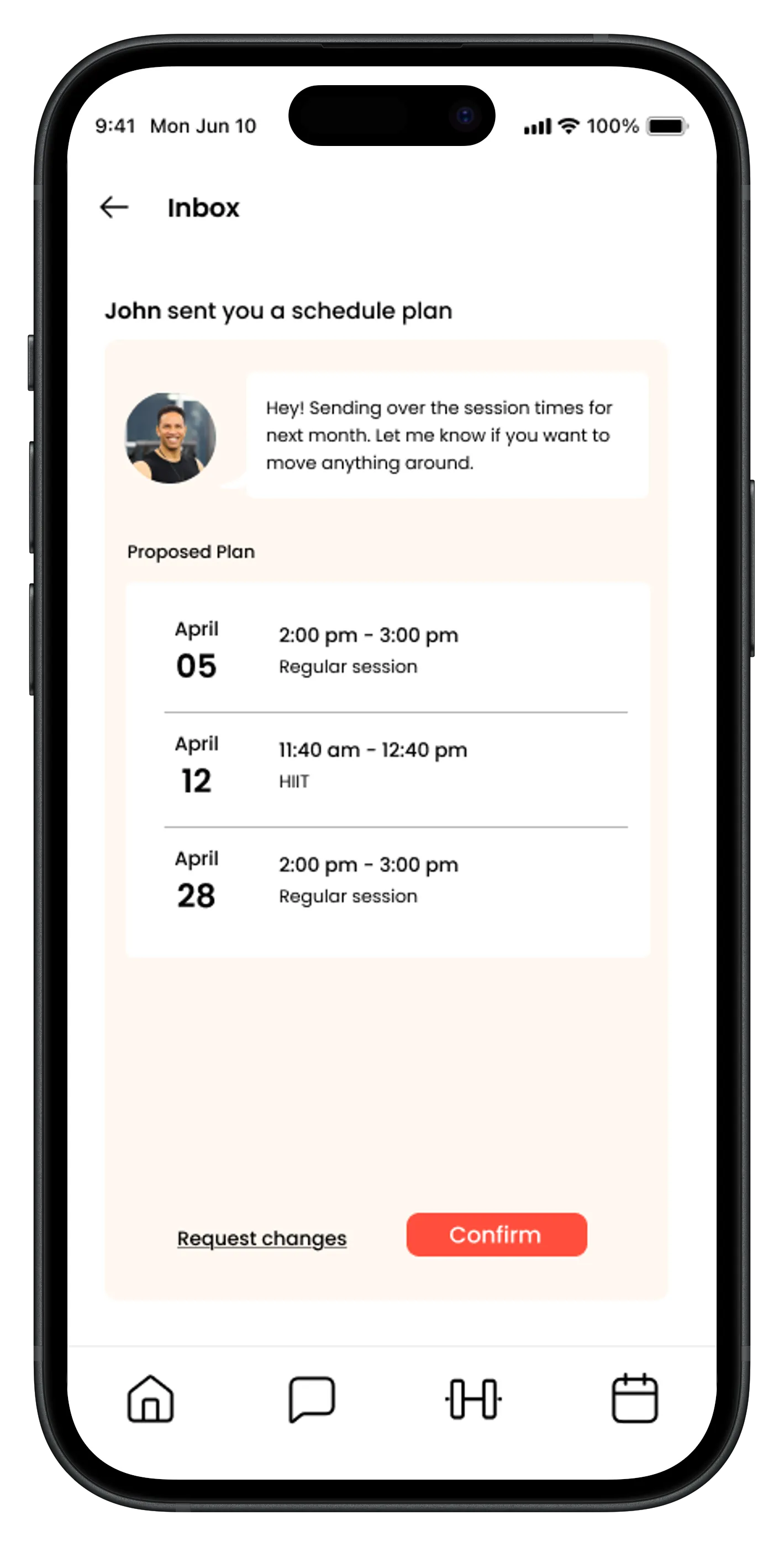 App interface screen of a trainer's proposed schedule for the client.
